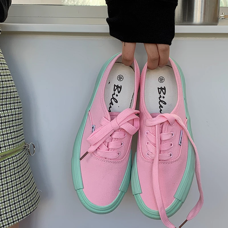 Необычная серия 19fw; Корейская версия Ulzzang; простая обувь из парусины в стиле Харадзюку; цвет розовый, зеленый; обувь для катания на коньках; женские кроссовки