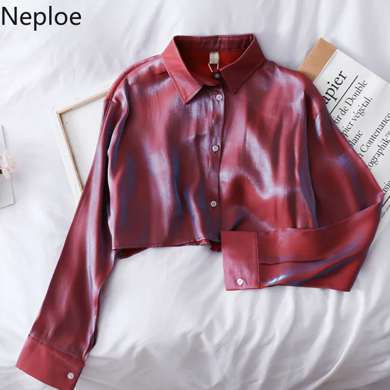 Neploe, Корейская Сексуальная короткая блуза с вырезами, свободная блестящая блуза с длинным рукавом, отложной воротник, ретрорубашка, весна-осень