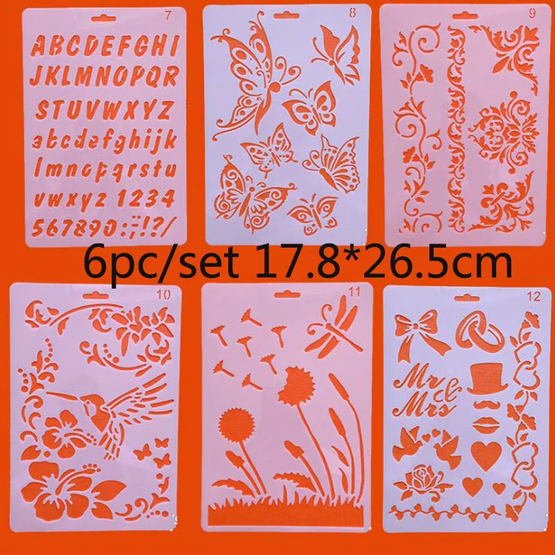 

6pc Stencil Openwork Painting Template Decor Scrapbooking Coloring Diary Embossing Stamp Album Office School Supplies Reusable