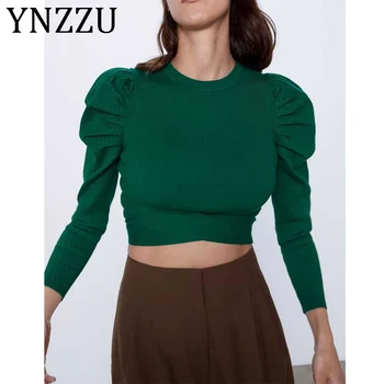 

YNZZU 2020 Spring Autumn Green Puff Sleeve Knitted Sweater Women Chic Cross Skinny Female Short Pullover Streetwear Jumper AT420