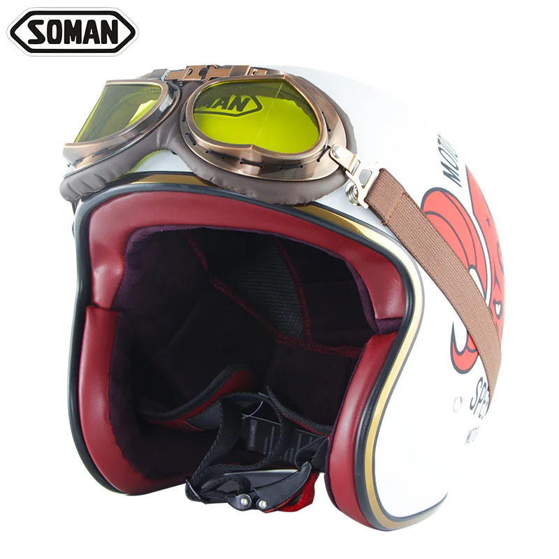 SOMAN Vintage Motorcycle Helmet with Goggles Retro Helm Open Face Motorbike Cascos de Moto DOT Approval SM512 | Автомобили и