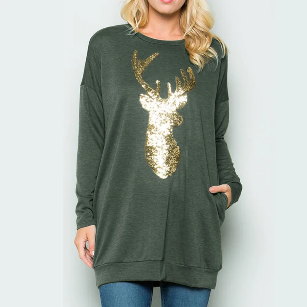 Sequin Wapiti голова олень Йога Рубашка Рождество кашемир длинный рукав свитшот с принтом рубашка для женщин животное спортивная одежда A21
