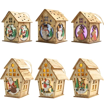 

6Pcs DIY Wooden House Christmas Tree Decoration LED Light Hanging Ornaments Wooden House New Year Gift for Kids