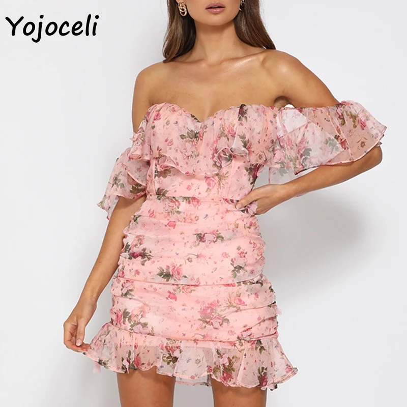 

Yojoceli off shoulder floral chiffon dress party club print dress women ruffle dress summer boho beach