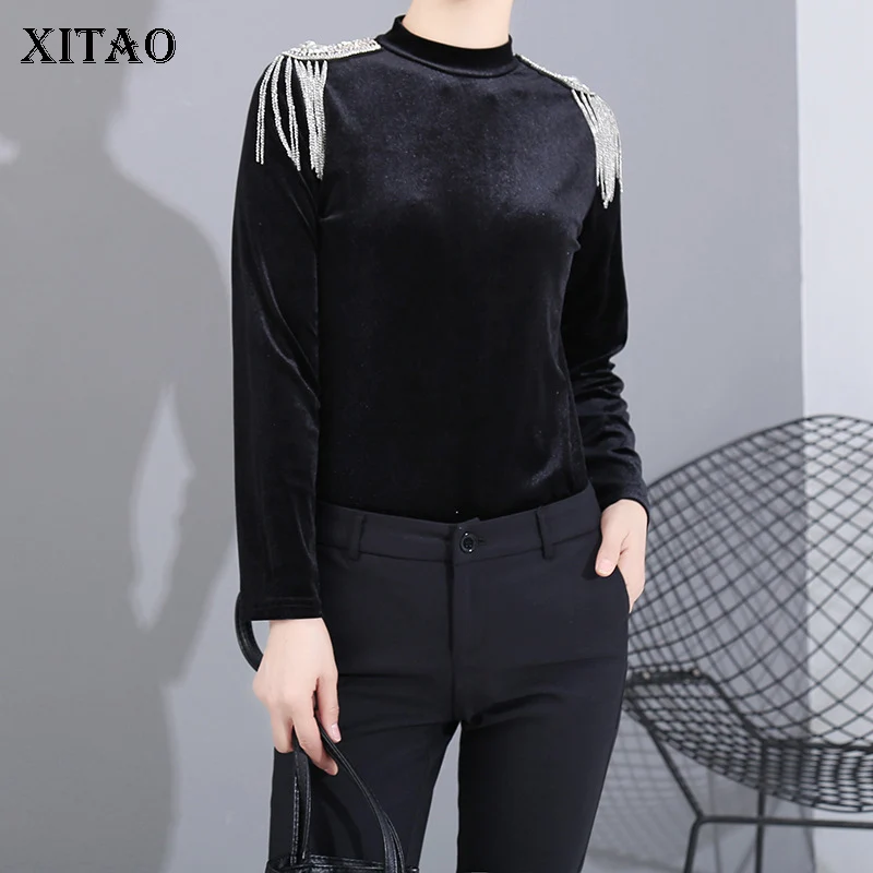 XITAO Ранняя весна новая футболка с длинным рукавом для женщин кисточкой алмаз корейский стиль футболка Мода черный бархат джемпер футболка DMY2244