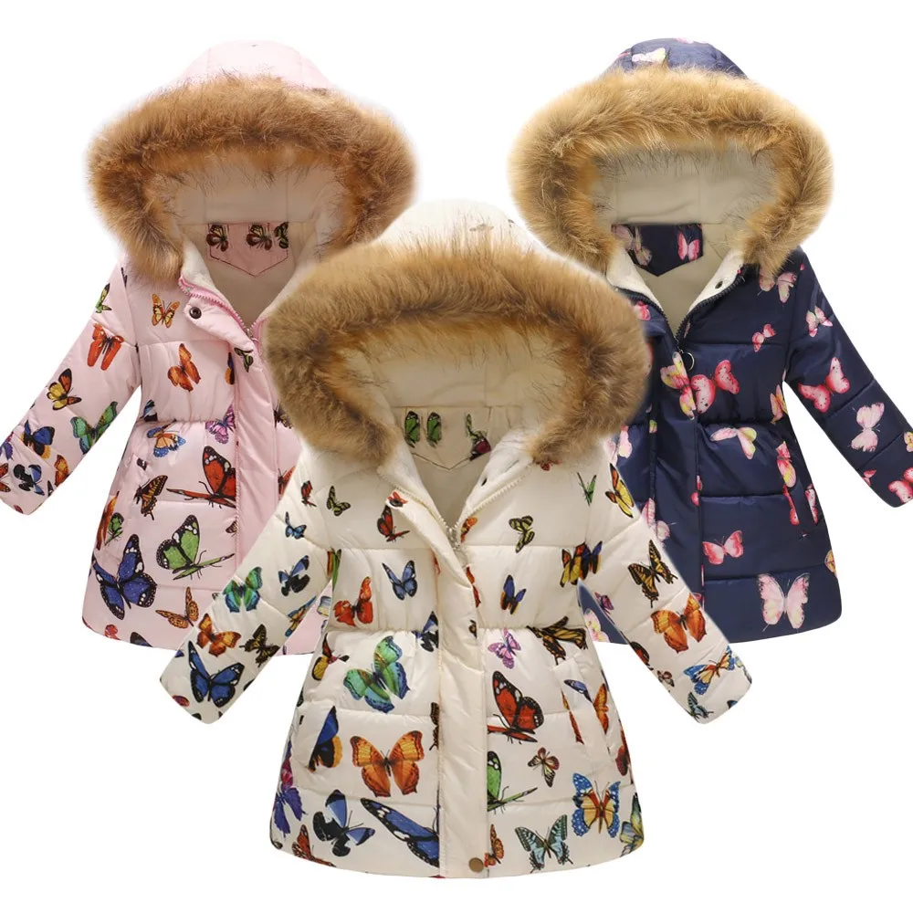 Зимнее плотное теплое Детское пальто с бабочками теплая куртка для маленьких девочек детская модная верхняя одежда с принтом Детский Рождественский Костюм