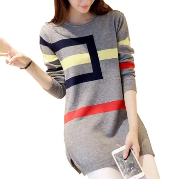 

Autumn Winter New O-Neck Pullover Sweater Women Long Sleeves Loose Long Section Sweater LADY Spell color Knitting Sweater