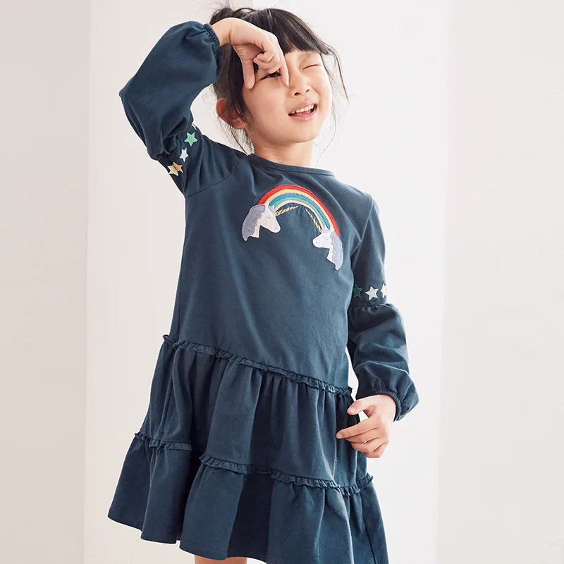 Fall Dresses For Girls Rainbow Unicorn Dress Cotton Long Sleeve Kids Clothes Autumn Winter Solid Toddler Girl | Детская одежда и