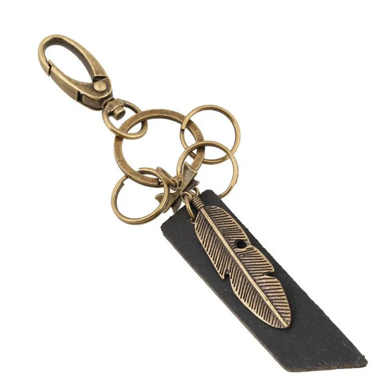 

Men Retro Cattle-leather Key Ring Alloy Feather Decorative Pendant Genuine Leather Accessories