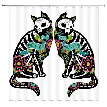 

Halloween Shower Curtain, Skeleton Cats Festive Celebration Spanish Art Print, Fabric Bathroom Decor Set with Hooks,Turquoise