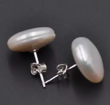 

Free shipping pearl studs earring s925 Free shipping 13-14mm coin flat freshwater