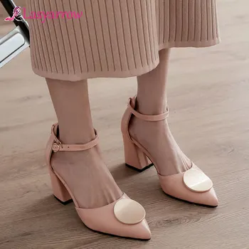 

Lasyarrow Summer Elegant Ankle Strap Sandals Celebrity Chunky High Heels Pointy Toe Dress Office Lady Shoes Woman Large Size 46