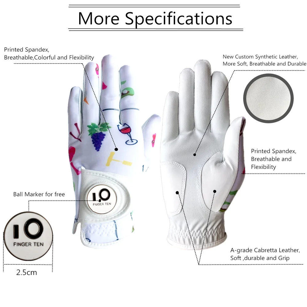 Дизайн печатных Премиум Для женщин перчатки для гольфа левой рукой правую руку с маркер мяча Rh Weathersof сцепление кожаные женские размеры s m l xl