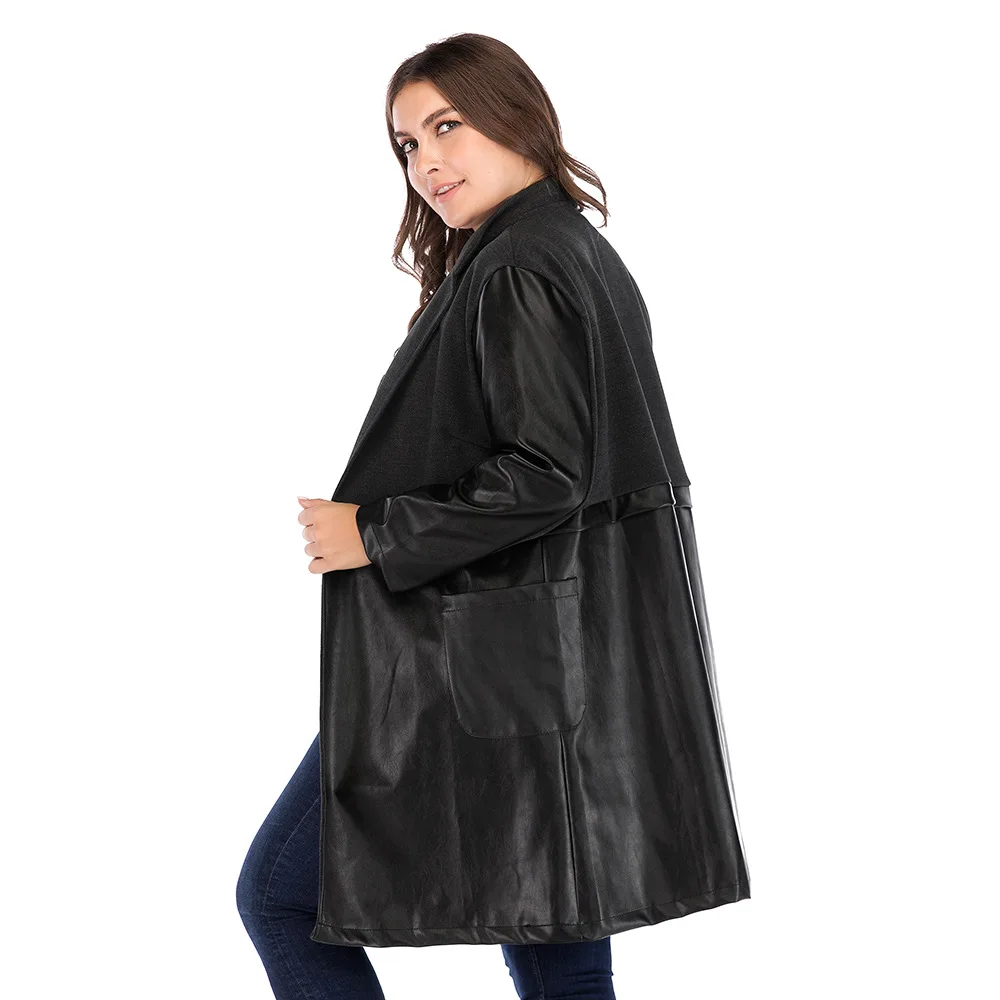 Autumn Plus Size Pu Coat and Jacket Women Slim Classic Stand Collar Ladies Black Pockets Long Jackets Moto Biker Style Outwear