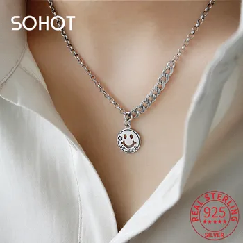 

SOHOT 100% 925 Sterling Silver Cute Round Disc Smile Face Pendant Women Choker Necklace Romantic Trendy For Girlfriend Jewelry