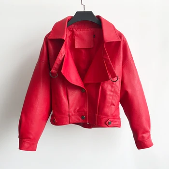 

2020 Spring PU Leather Jacket Women Fashion Short Motorcycle jackets Loose Faux Leather Outerwear bomber jacket women tide Q1274