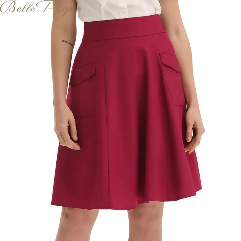 

Belle Poque 2019 Casual Pocket Pleated Skirts Women Elegant Vintage Work Office Skirts Solid High Waist Bodycon Midi Skirt