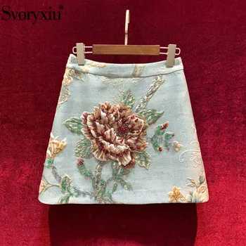 

Svoryxiu 2020 Runway Designer Autumn Winter Vintage A-Line Mini Skirt Women's Manual Crystal Beaded Flower Print Jacquard Skirt