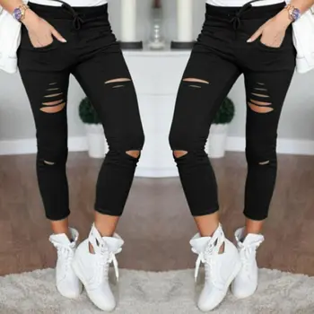 

New Pencil Trouser Women Skinny Ripped Knee Hole Bandage Jeans Solid Ciolor Fahsion Pants High Waist Stretch Slim Pencil Trouser