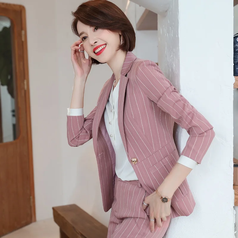 

New professional temperament suit women's Casual business high quality striped blazer Female office pants set Women's two-piece