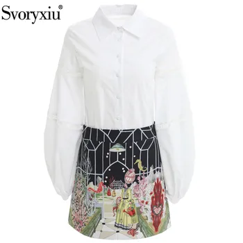 

Svopryxiu Elegant Lantern Sleeve White Cotton Blouse + Cartoon Printed Mini Skirt Runway Designer Fashion Ladies Clothes Set