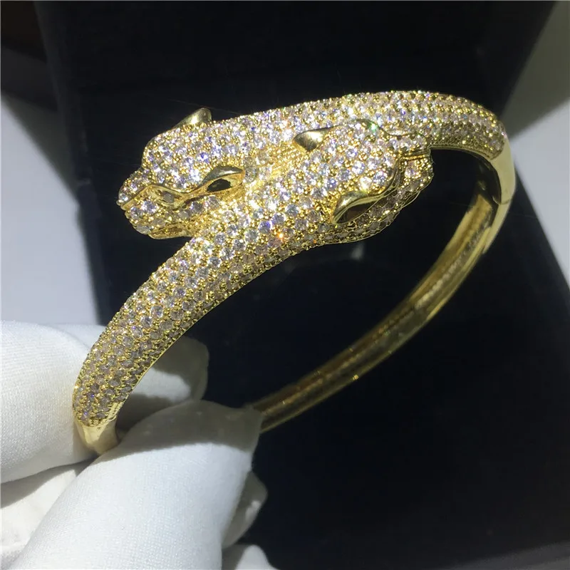 

Luxury Pave Simulated Diamond Leopard head Bangle 14K Gold Party Engagement bangles Bracelets for women men wedding accessaries