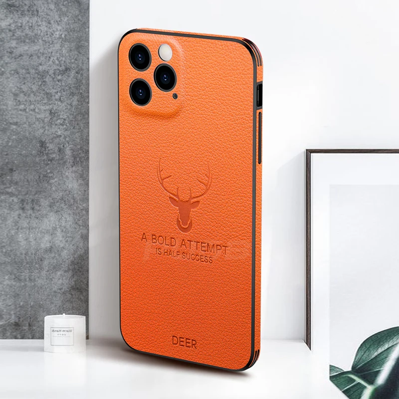 Luxury Leather Texture Square Frame Case For iPhone 11 12 13 Pro Max Mini X XR XS Deer Camera Protection Shockproof Phone Cover