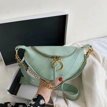 

Fashion Chain Banana Green Waist Bag New Brand Belt Bag Women Waist Pack PU Leather Bag