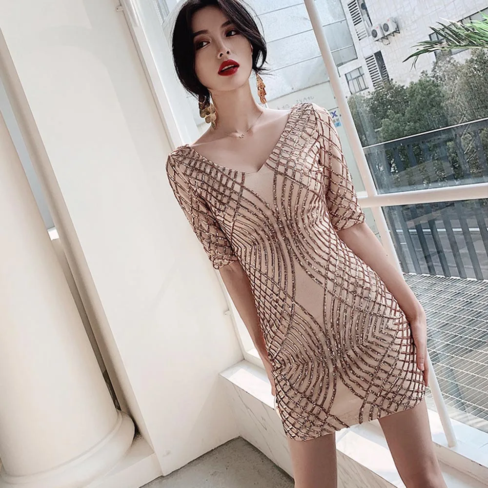Шампанское HS Kellio пикантное платье цвета коктейль Vneck темно-синий Мини Короткие рождественские вечерние платья блестящее кружево - Цвет: Шампанское