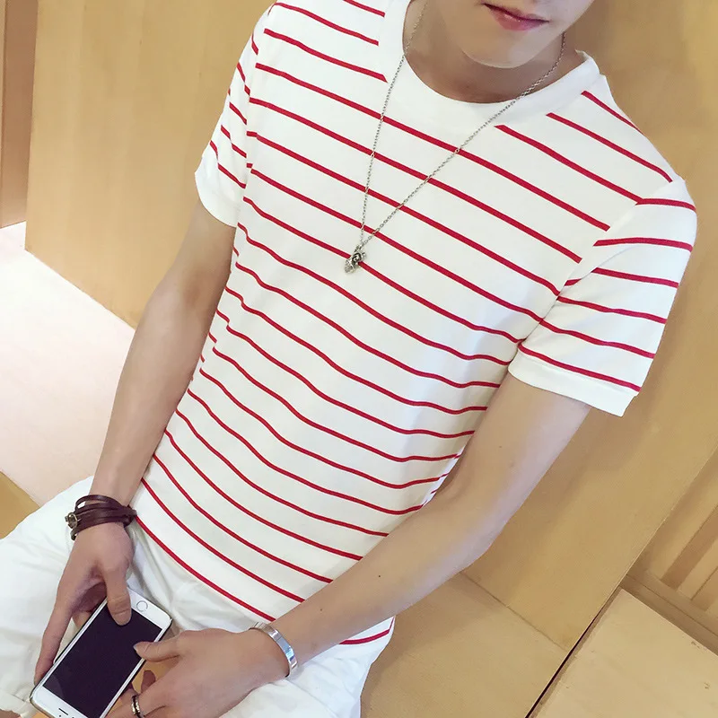 

Short Sleeve T-shirt MEN'S round Neck T-shirt Base Shirt Summer Men'S Wear Korean-style Men's Slim Fit Stripes Fashion