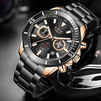 

LIGE Top Brand Rose Gold Black Watches For Men Chronograph Watch Men Watersproof Clock Quartz Wristwatch часы мужские наручные