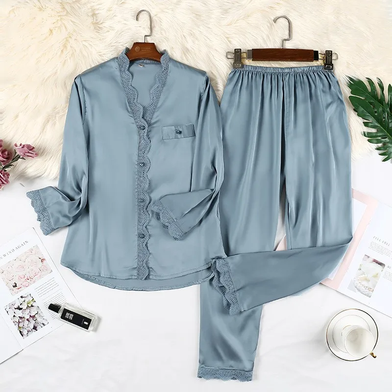 Vneck Sleepwear Women Satin Pajamas Set 2021 Spring Summer New Nightwear Logn Sleeve Rayon 2pcs