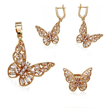 

Trendy Gold Natural White Zircon Women Luxury Wedding Fashion Jewelry Sets accessories Butterfly Earrings Rings Necklace Pendant