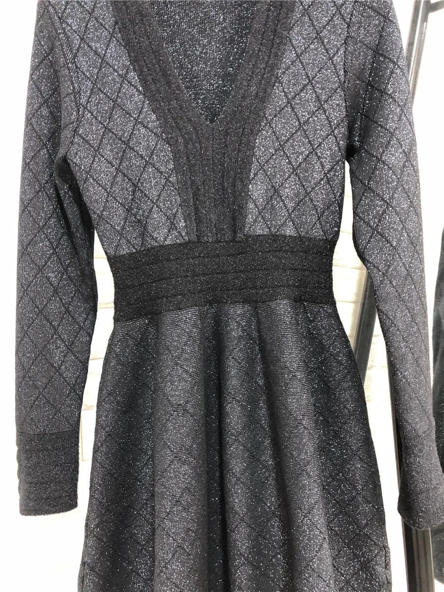 light grey Высококачественное трикотажное платье осеннее модное женское платье-свитер с v-образным вырезом и геометрическими узорами с длинным рукавом темно-серого цвета повседневное женское платье - Цвет: light grey
