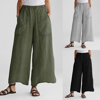 

Women's Pants 2020 ZANZEA Autumn Wide Leg Trousers Ladies Casual Elastic Waist Bottoms Streetwear Pockets Solid Pantalones Mujer