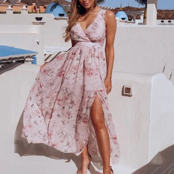 

Sexy Deep V-neck Floral Print Party Dress Women 2020 Summer Sleeveless Elegant Chiffon Dress Spring Split Long Dresses Vestidos