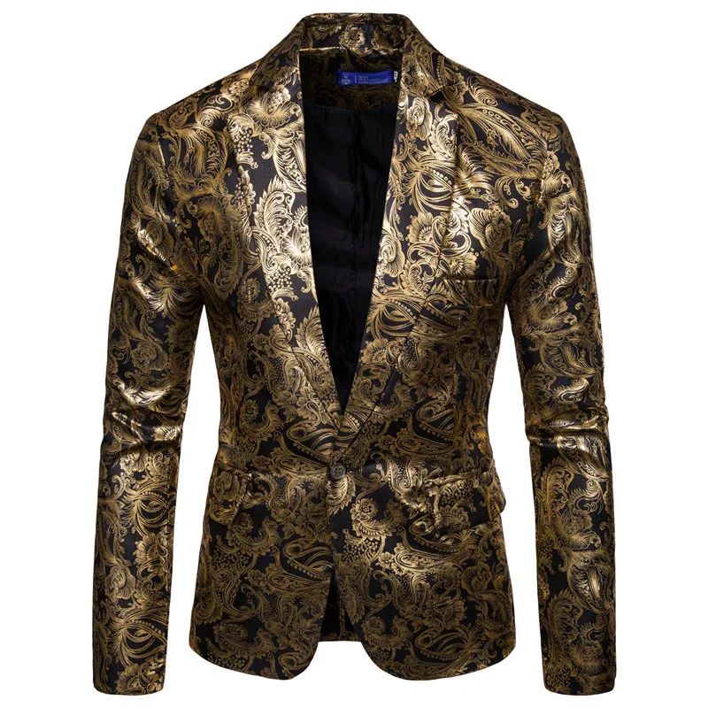 Men Bright gold print suit jacket dress slim fit Gold silk printing suit coat autumn style slim fit Tops jacke plus size for men