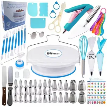 

107pcs Multi-function Cake Decorating Kit Kitchen Dessert Baking Pastry Supplies Cake Turntable Set Pastry Tube Fondant Tool