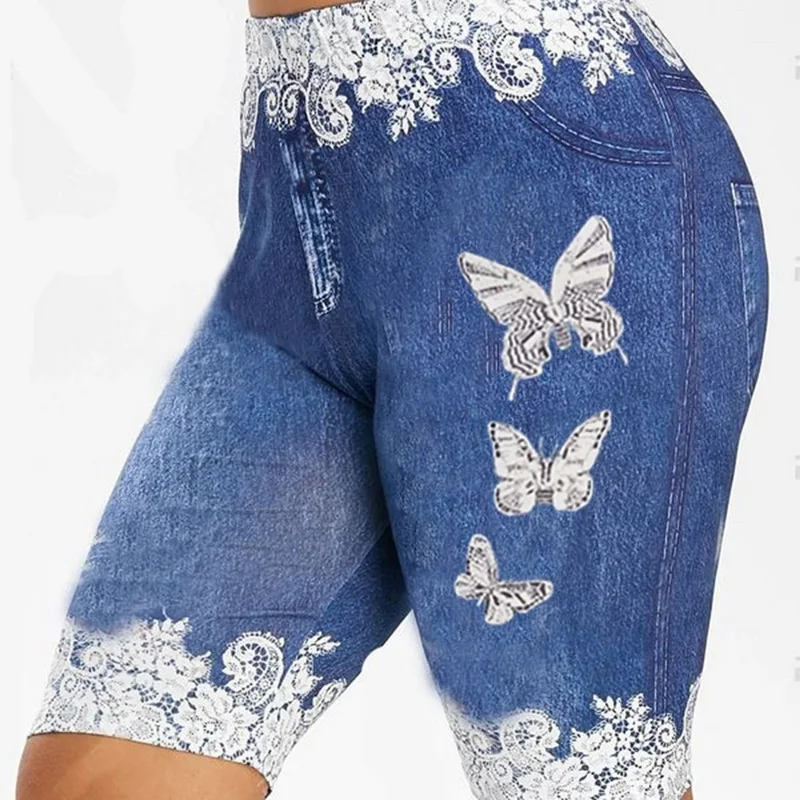 Summer vintage shorts women femme loose Shorts Women Fashion Lace Patchwork Butterfly Print Shorts Sports Minipants Hot sports shorts running shorts workout shorts seamless shorts