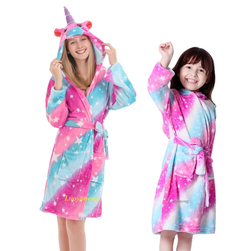 Children Bath Robe Baby Towel Hooded Kids Girls Dressing Gown Unicorn Bathrobes Boy Pajamas Sleepwear Adults Animal Bathing Robe