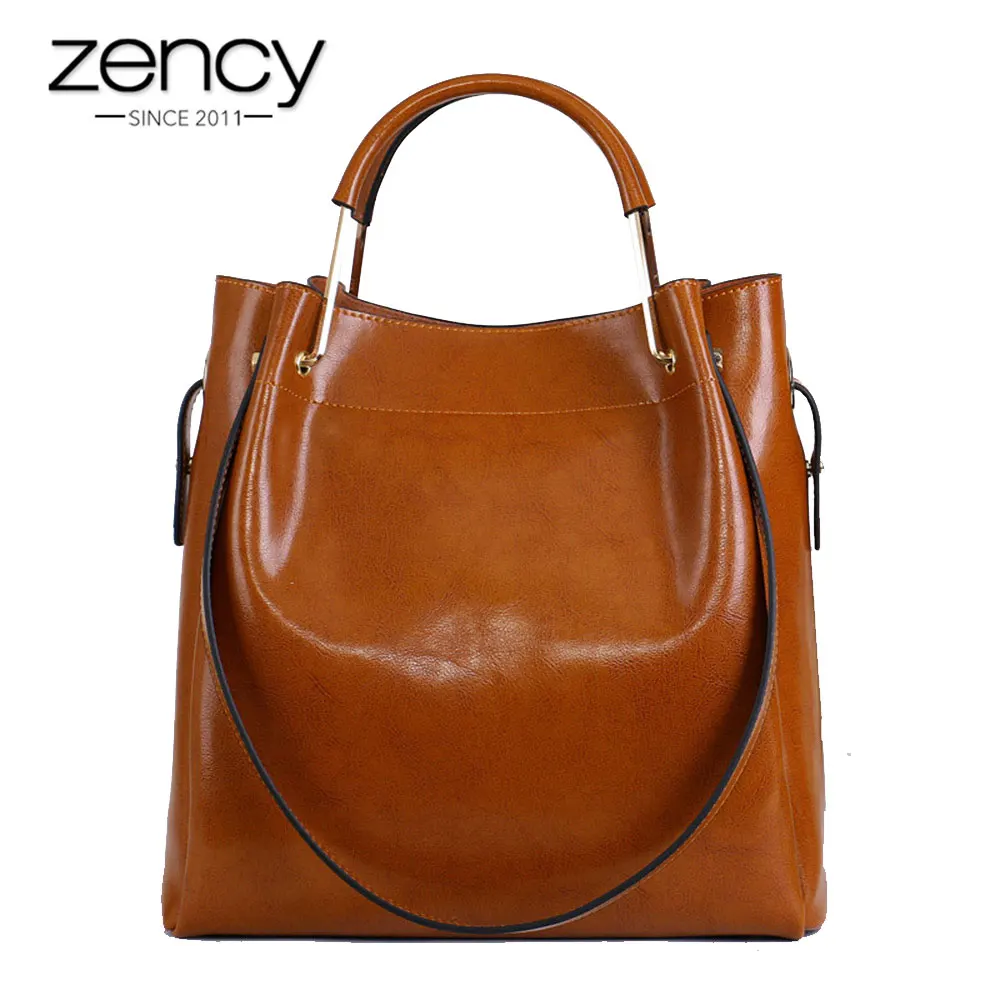  Zency Fashion Brown 100% Genuine Leather Women Handbag Simple Travel Tote Bag Large Capacity Lady S