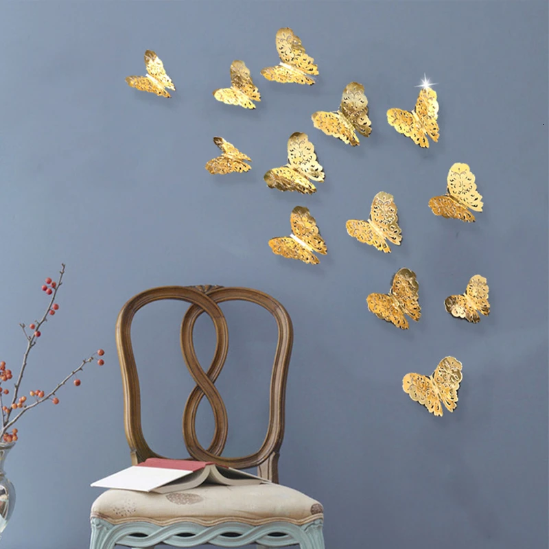 Kaufen 12Pcs Schmetterling Dekorationen 3D Wand Decals Metallic Kunst Aufkleber DIY Handgemachte Widerstand Papier Wandmalereien Geschenk Für Home Kids Schlafzimmer