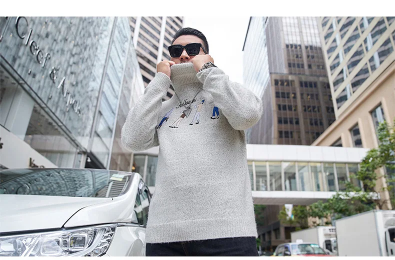 GXXH New Personalized Embroidery Turtleneck Sweater Men Warm Winter Thick Black Beige Color Pullover Sweaters Big Size Male