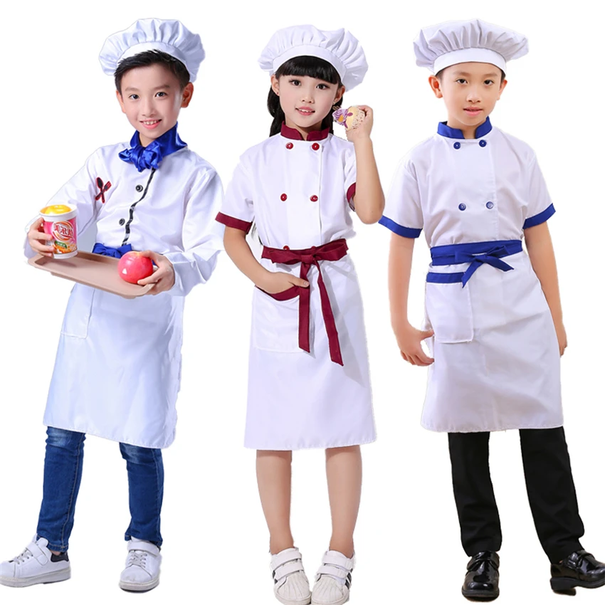 

New Kids Chef Uniform Boys Cosplay Coustome Kitchen Jacket Apron Hat Set Uniform 3-14 Years Performance Girls Cook's Clothing