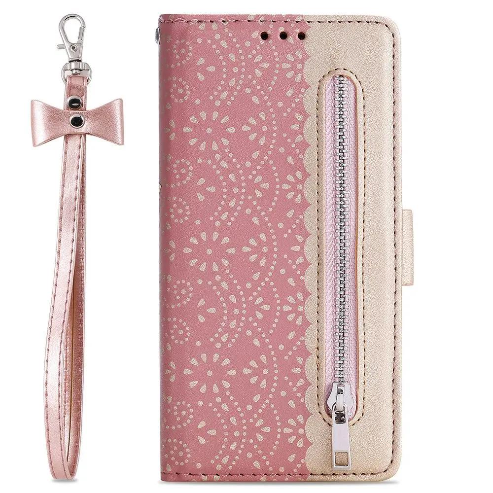 rose gold Кожаный чехол-кошелек LAPOPNUT для samsung Galaxy J6 Plus J4 A6 A7 A8 A20 A20e A40 A50 A30 с цветочным кружевом на молнии - Цвет: rose gold