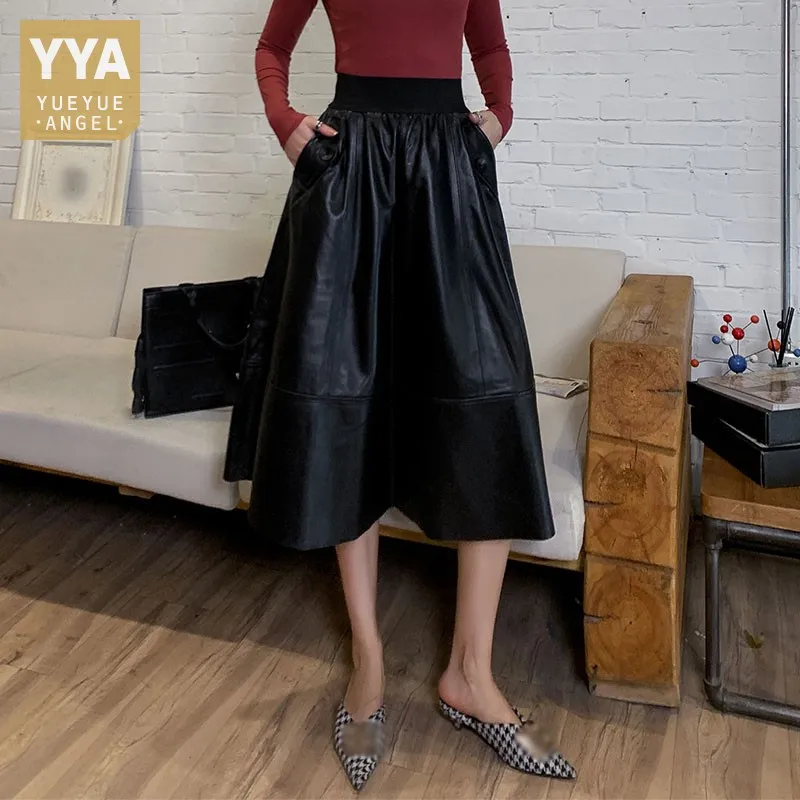 

Vintage Autumn Genuine Leather Skirt Women Elegant Elastic High Waist Loose A-Line Skirts Ladies Sheepskin Black Pleated Skirt
