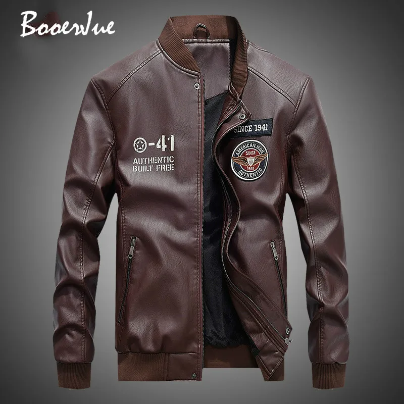 

Leather Bomber Jacket Men Autumn Winter Military Jackets Male Fleece Liner Outwear Coats Warm PU Baseball Jackets Fashion 2019