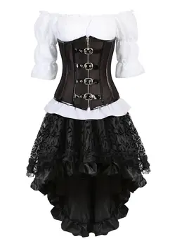 

Grebrafan Steampunk Faux Leather Buckle Corset 3 Piece Outfits for Women Bustiers Skirt White Blouse Set Carnival Dance Party