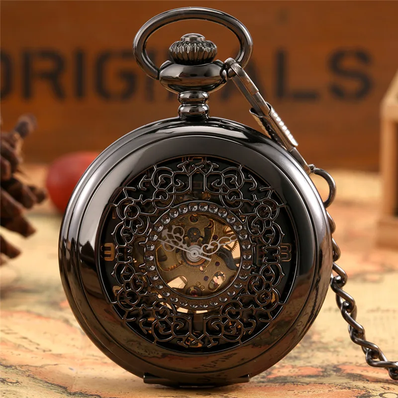 Black Hollow Out Mechanical Hand Winding Pocket Watch for Men Women Steampunk Half Hunter Clock FOB Pendant Chain Watches Gift