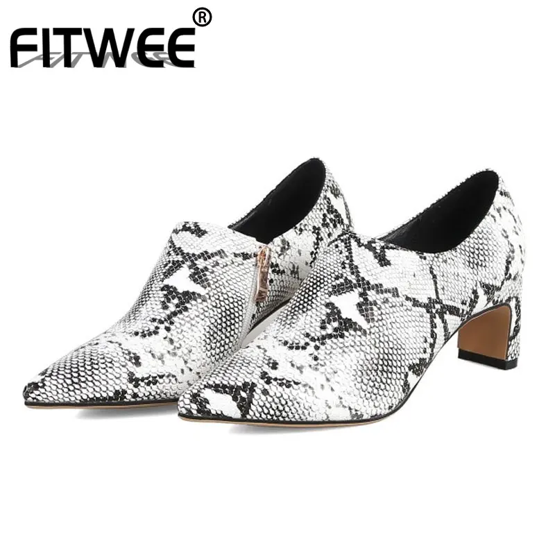 FITWEEU Snakeskin Pattern Women Pumps Pointed Toe Zipper Square Heels Shoes Club Party Fashion Footwear Size 32-42 | Обувь
